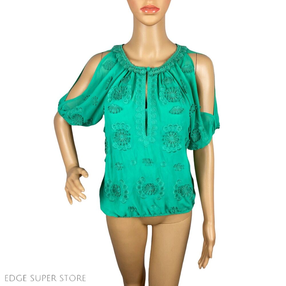 Anthropologie Leifnotes Green Open Sleeve Cold Shoulder Floral Blouse Top Size 2